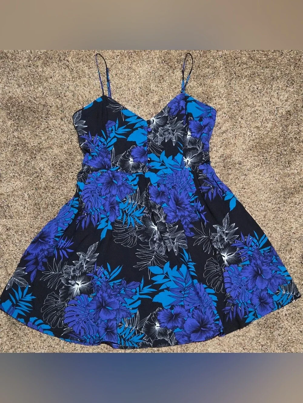 Express Womens Black Blue Purple Floral Tropical Print Mini Dress Pockets Sz XS